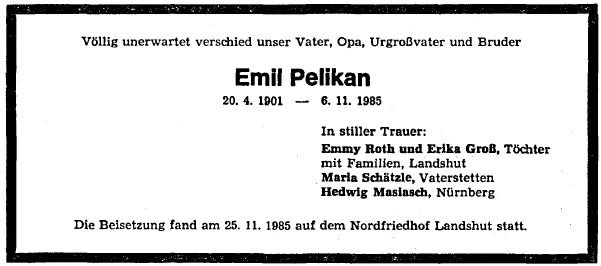 Pelikan Emil 1901-1985 Todesanzeige